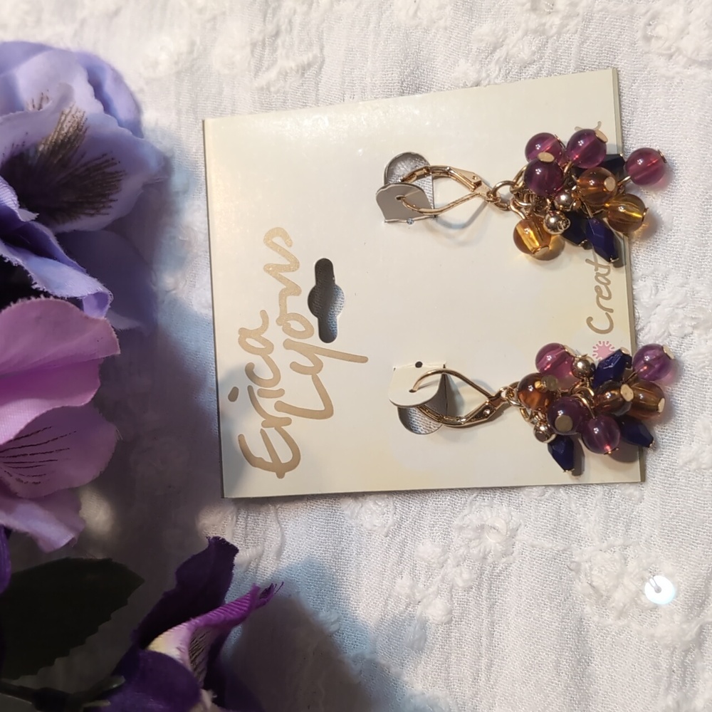 ERICA LYONS Goldtone Purple Beaded Earrings - SO CUTE!